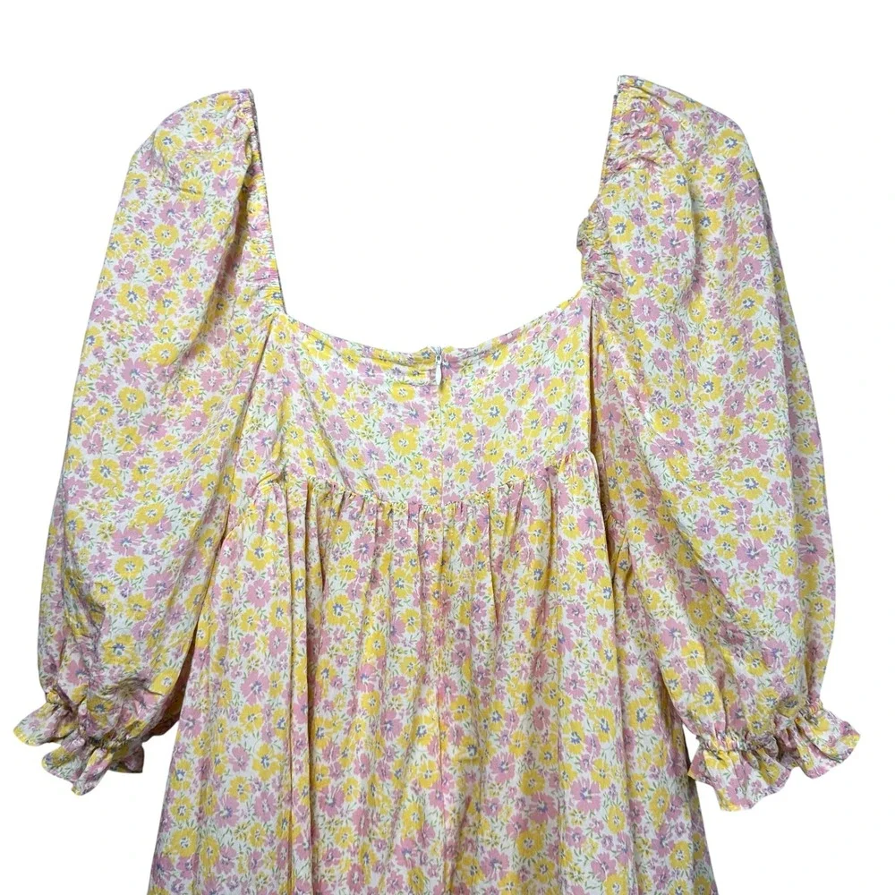 Storia Yellow Floral Puff Sleeve Babydoll Mini Dress M Square Neck Cottagecore - Picture 8 of 12